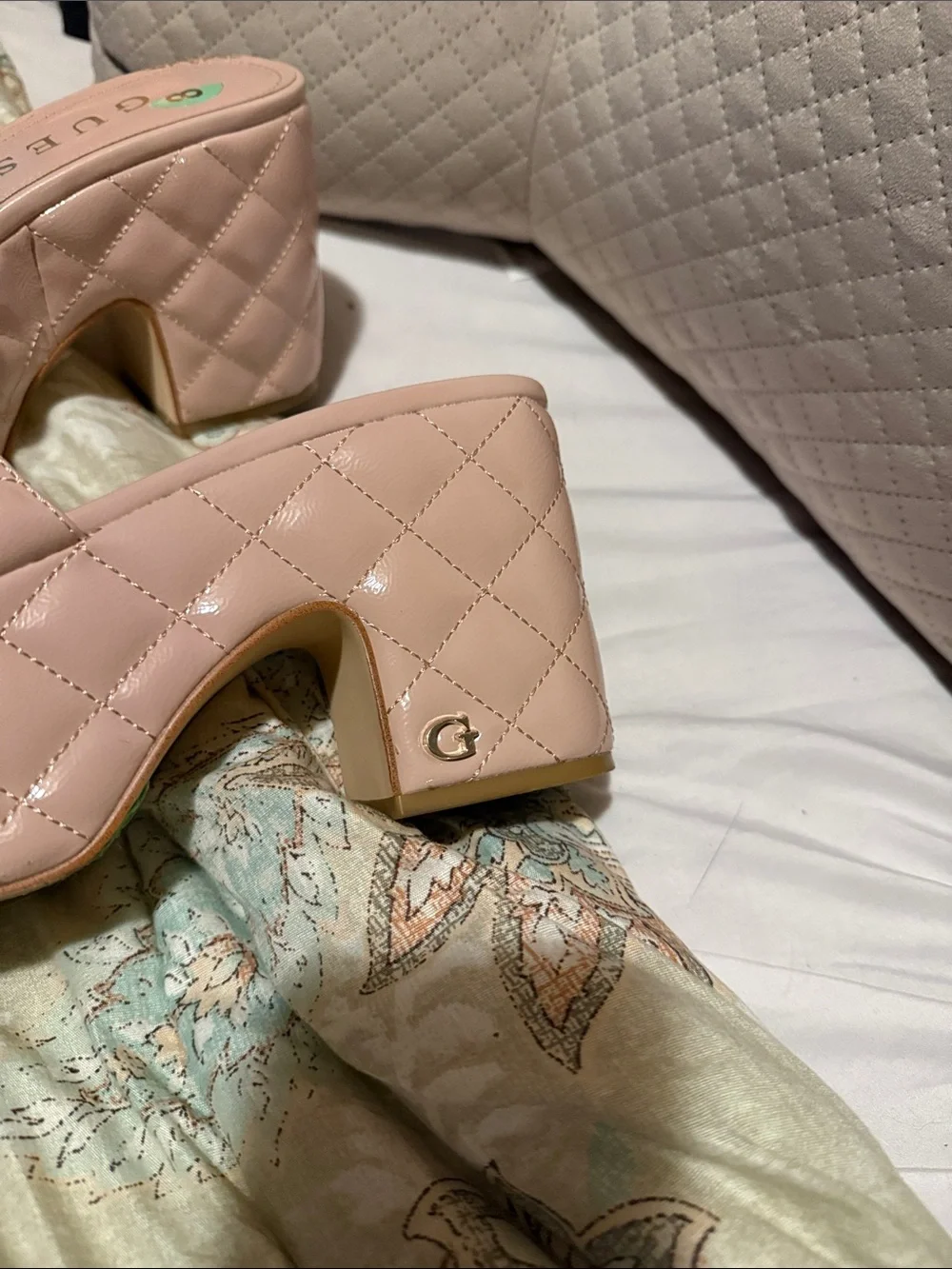 GUESS Quilted Blush Platform Slide Heels